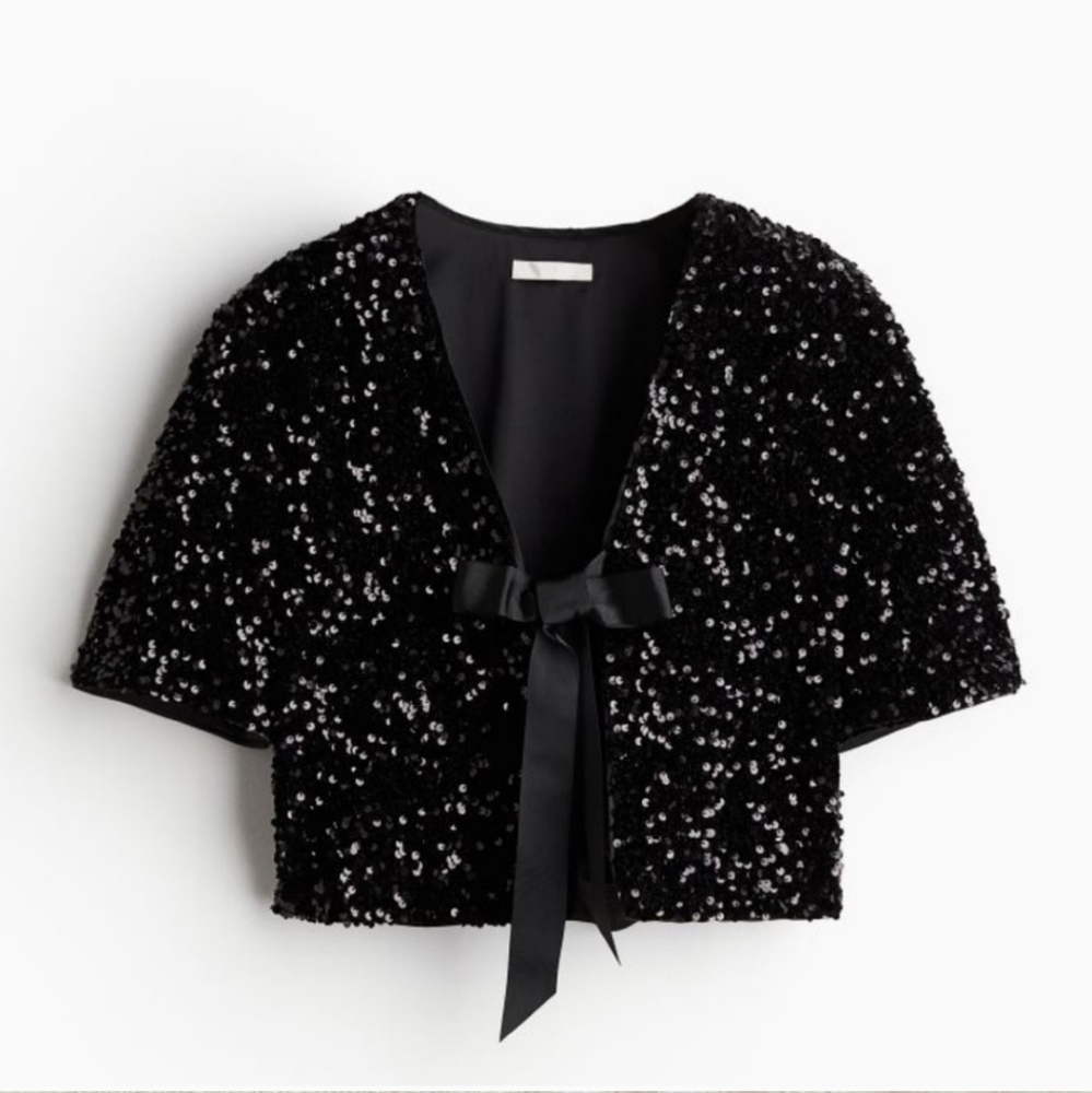 H&M Viral Black Sequin Ribbon Bow Cardigan Blouse Size S M L NWT - Picture 3 of 13